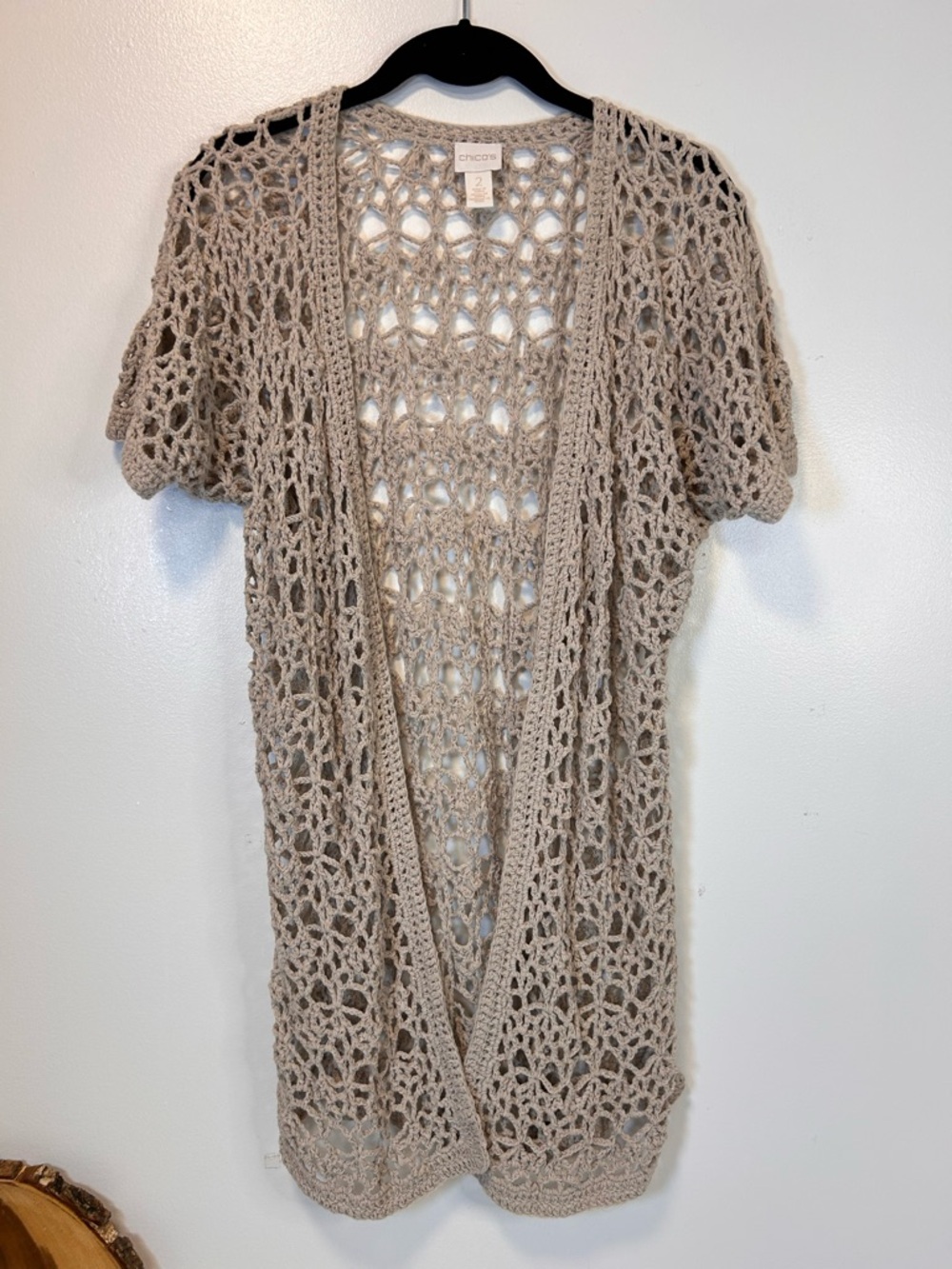 Chico’s Crochet Cardigan Tan Beige Open Knit Short Sleeve Sweater‎ Women’s Large